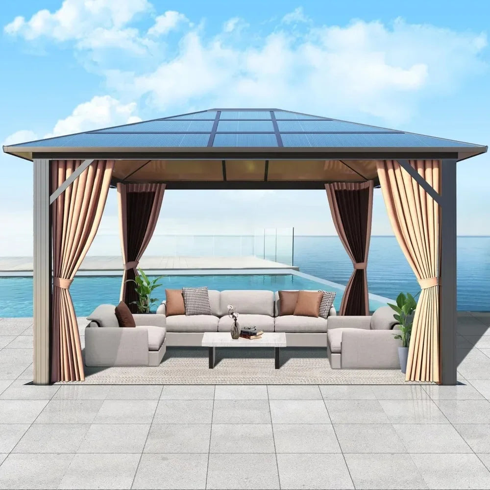 Outdoor Hardtop Gazebo with Double Roof - Aluminum Heavy-Duty Galvanized Steel Top Gazebo with Netting & Curtain