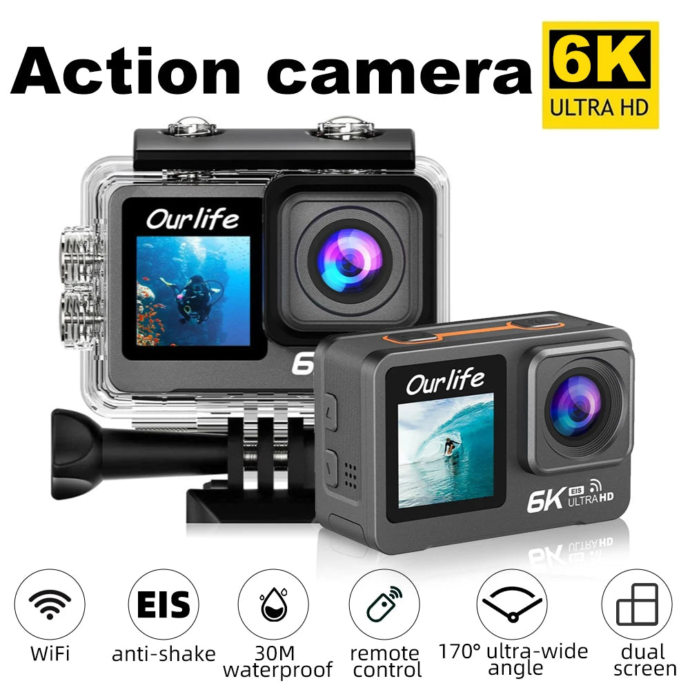 6K Action Camera Sports Cam with Dual Screen and Remote