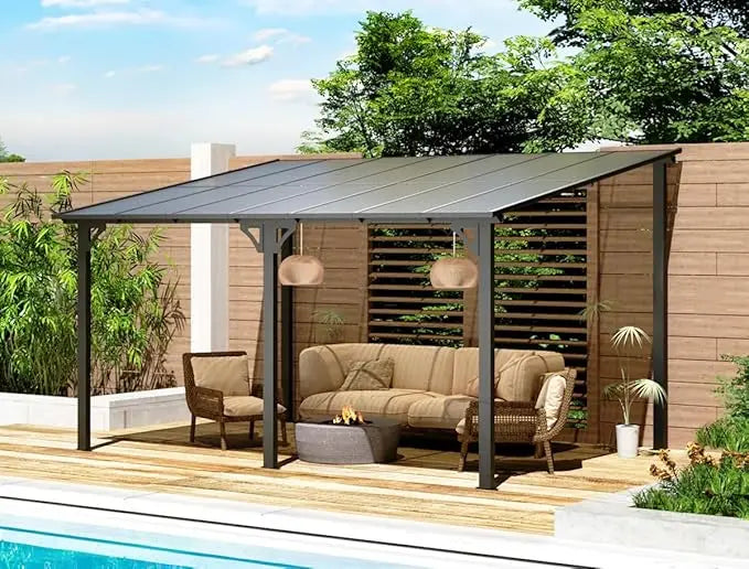 Outdoor Hardtop Pavilion with Wall-Mounted Sunshade