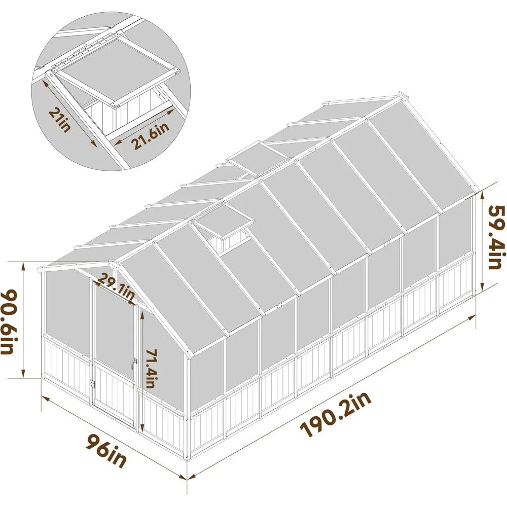 Greenhouse , Polycarbonate Wooden Walk-in Green House with Lockable Door and Adjustable Roof Vent, Backyard Garden, Greenhouse