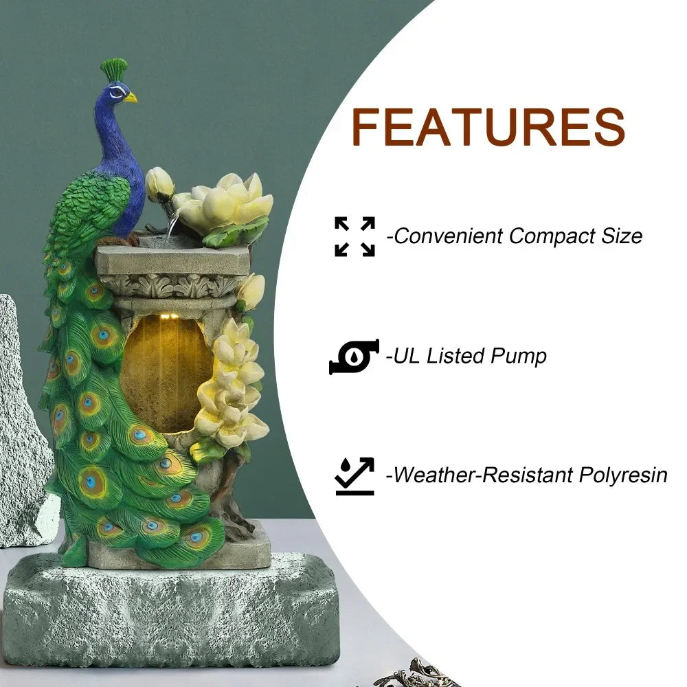 32" Peacock and Flower Polyresin Colorful Water Fountain