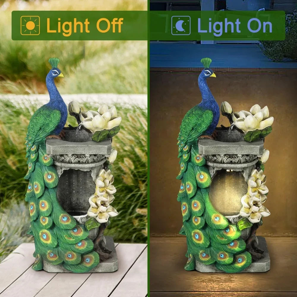 32" Peacock and Flower Polyresin Colorful Water Fountain