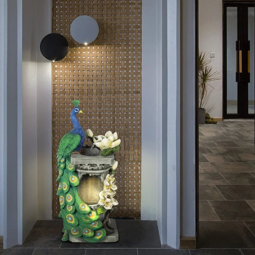 32" Peacock and Flower Polyresin Colorful Water Fountain