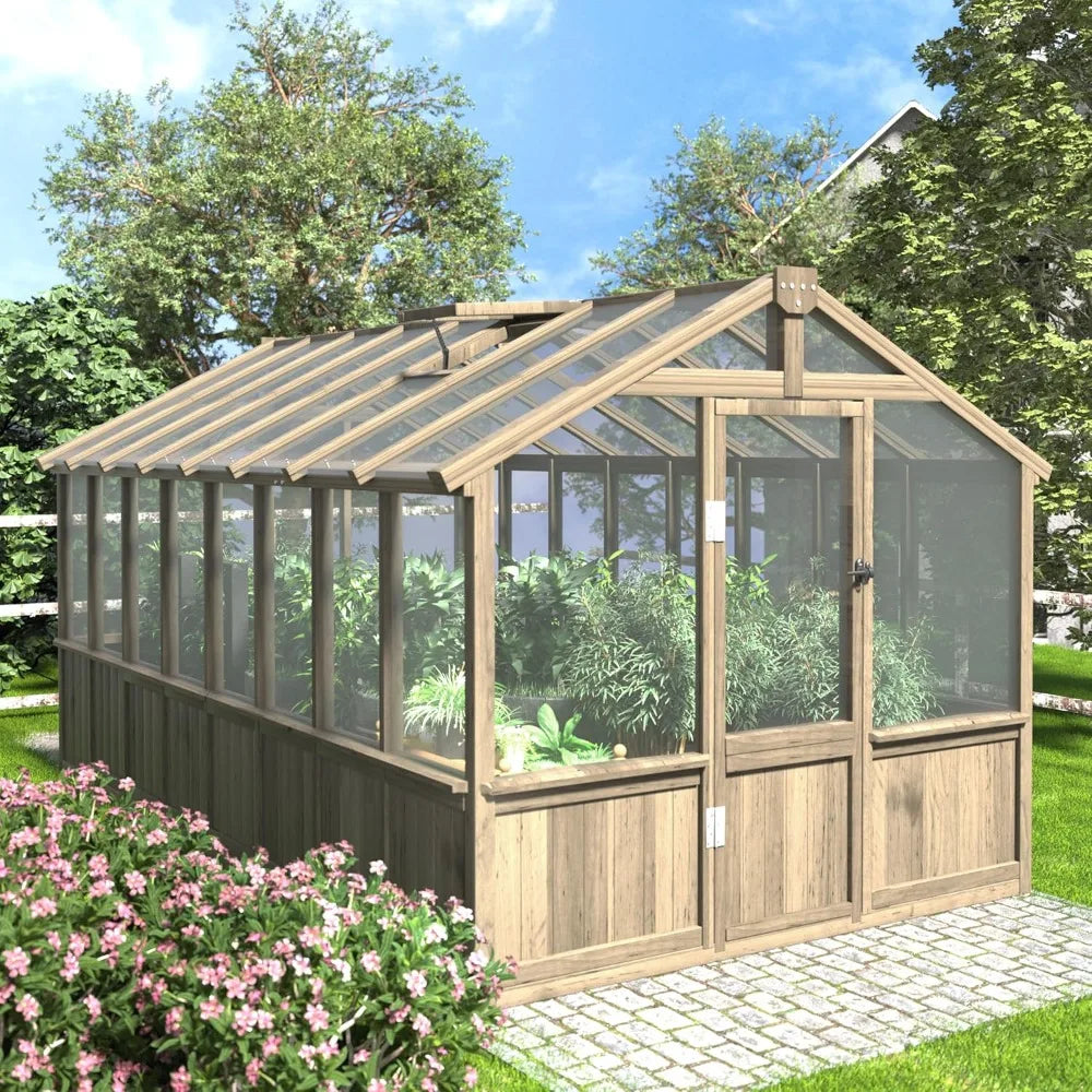 Greenhouse , Polycarbonate Wooden Walk-in Green House with Lockable Door and Adjustable Roof Vent, Backyard Garden, Greenhouse