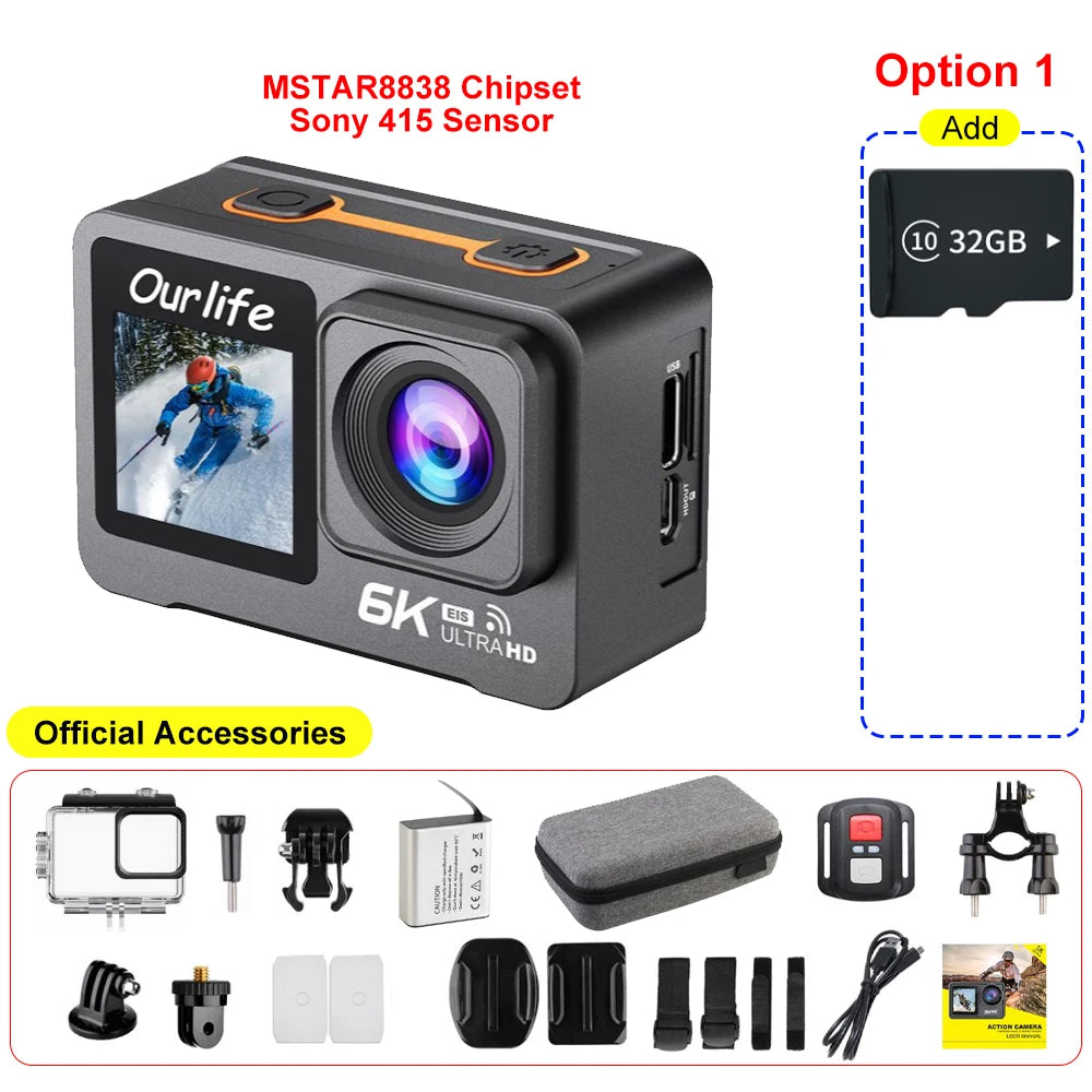 6K Action Camera Sports Cam with Dual Screen and Remote