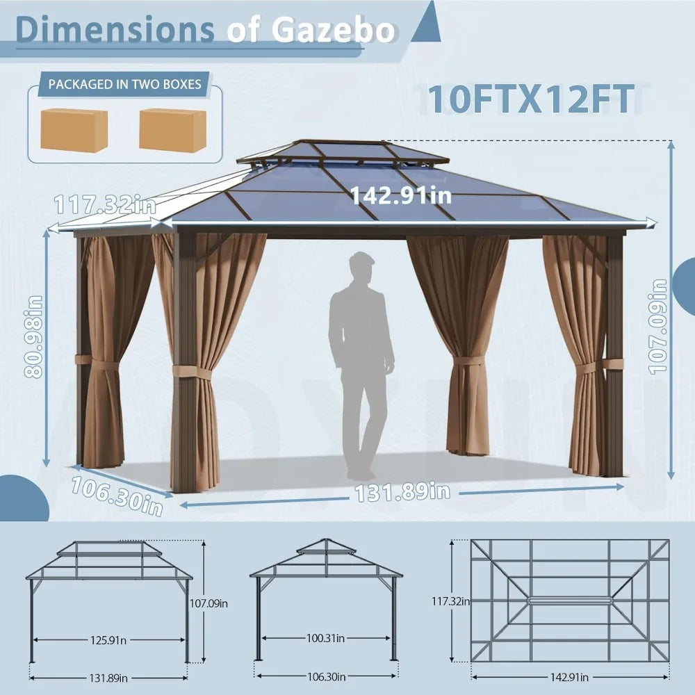 10x12 Hardtop Gazebo with Polycarbonate Double Roof & Aluminum Frame