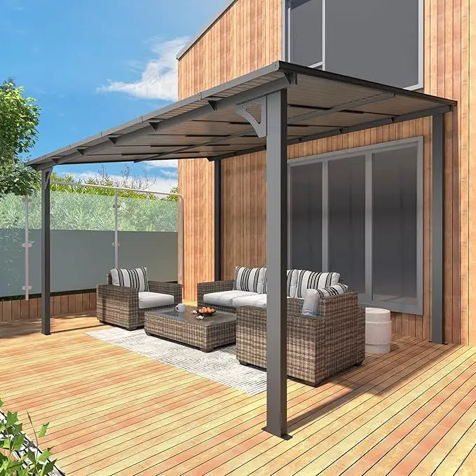 Outdoor Hardtop Pavilion with Wall-Mounted Sunshade