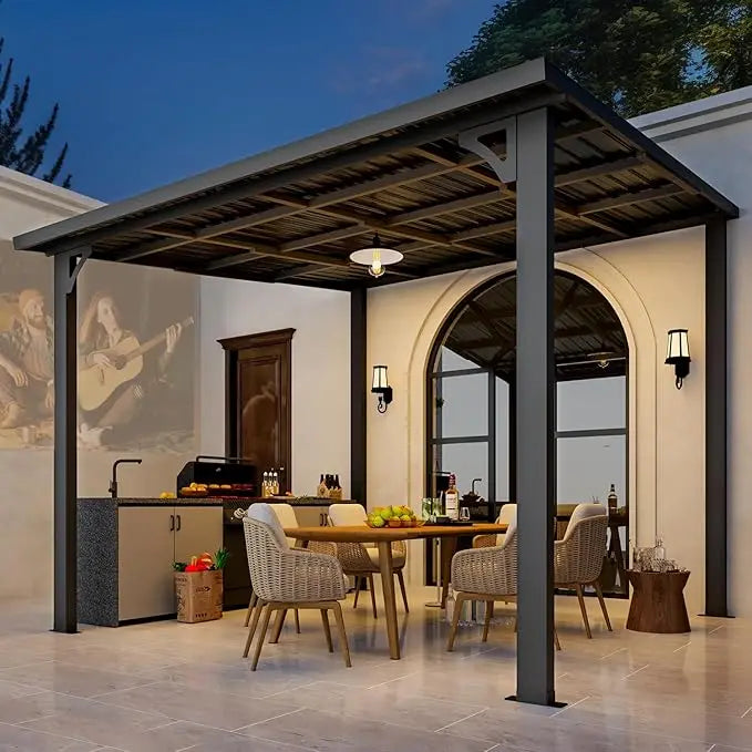 Outdoor Hardtop Pavilion with Wall-Mounted Sunshade