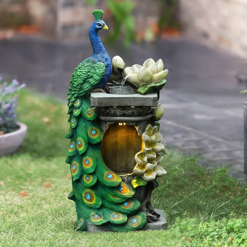 32" Peacock and Flower Polyresin Colorful Water Fountain