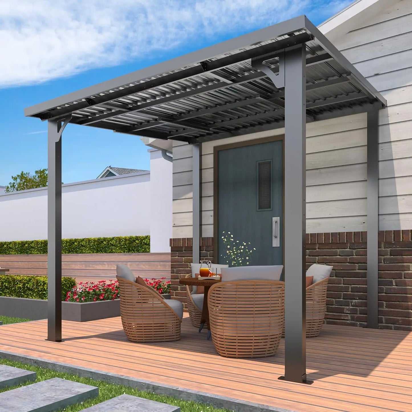 Outdoor Hardtop Pavilion with Wall-Mounted Sunshade