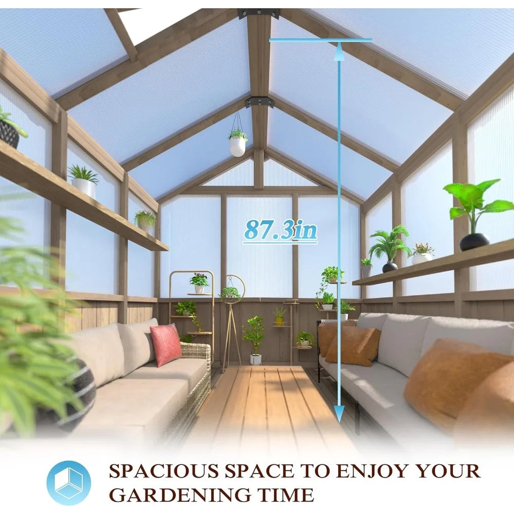Greenhouse , Polycarbonate Wooden Walk-in Green House with Lockable Door and Adjustable Roof Vent, Backyard Garden, Greenhouse