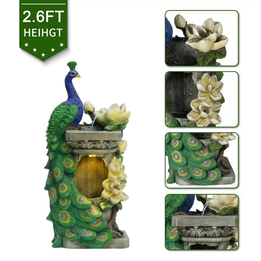 32" Peacock and Flower Polyresin Colorful Water Fountain