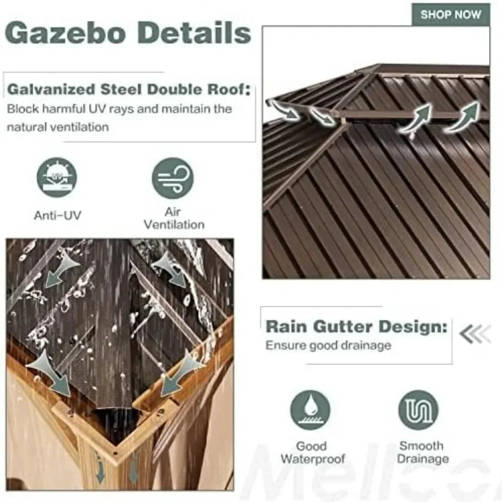 12' X 16' Hardtop Gazebo, Coated Aluminum Frame Gazebo with Galvanized Steel Double Roof, Metal Gazebo with Curtain and Netting