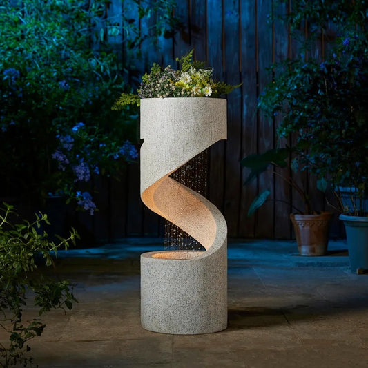 High-rise Outdoor Fountain with LED Lights, Curved Waterfall Fountain, Artificial Terrazzo Spiral Fountain, 31.25 Inch