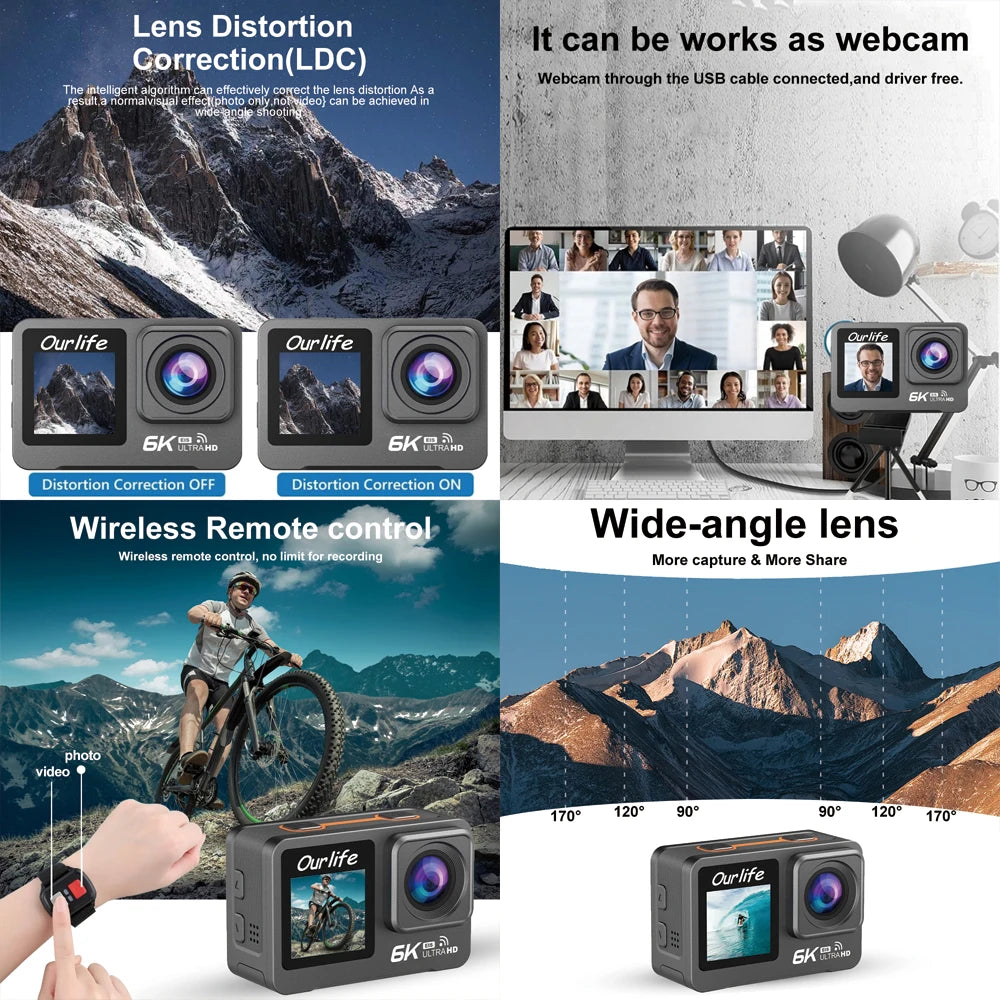 6K Action Camera Sports Cam with Dual Screen and Remote