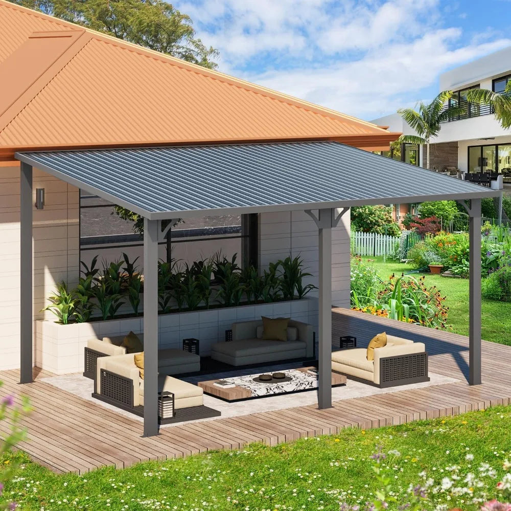 Outdoor Hardtop Pavilion with Wall-Mounted Sunshade