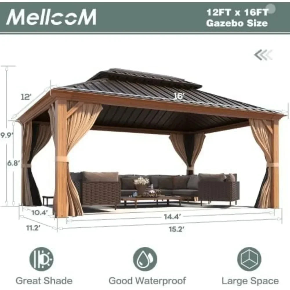 12' X 16' Hardtop Gazebo, Coated Aluminum Frame Gazebo with Galvanized Steel Double Roof, Metal Gazebo with Curtain and Netting