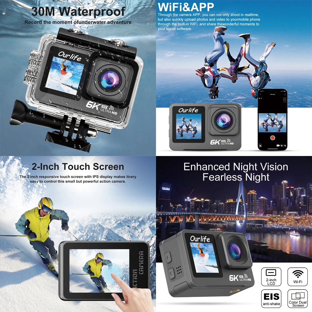 6K Action Camera Sports Cam with Dual Screen and Remote