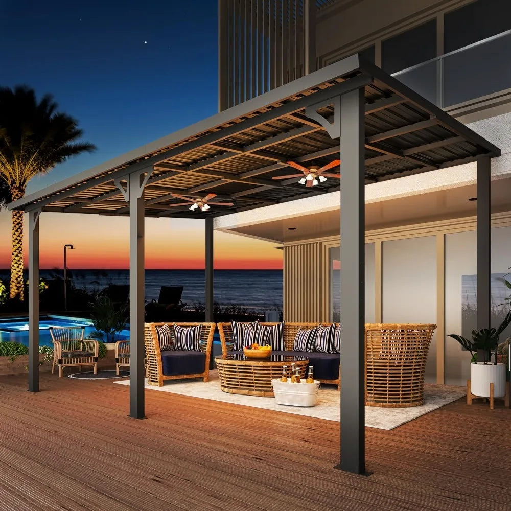 Outdoor Hardtop Pavilion with Wall-Mounted Sunshade