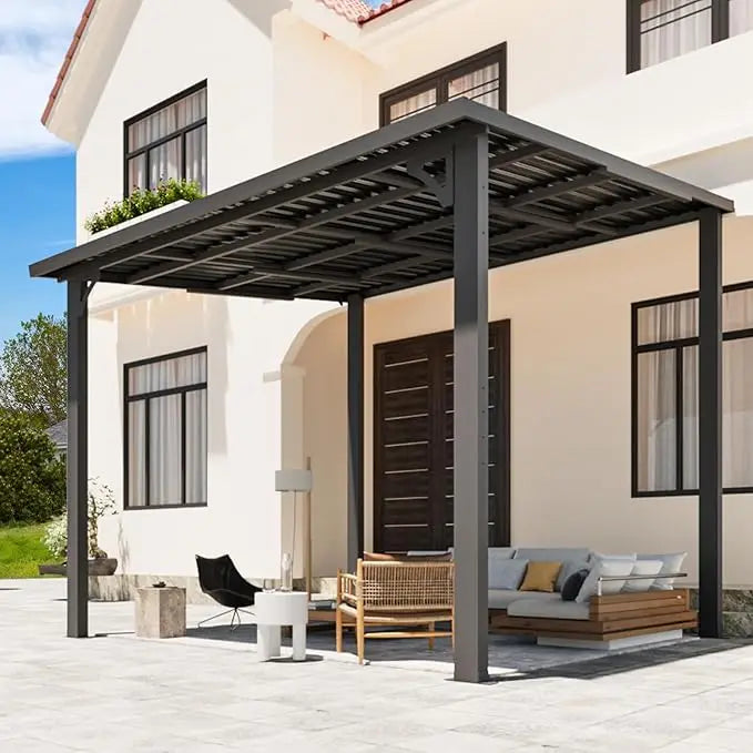 Outdoor Hardtop Pavilion with Wall-Mounted Sunshade