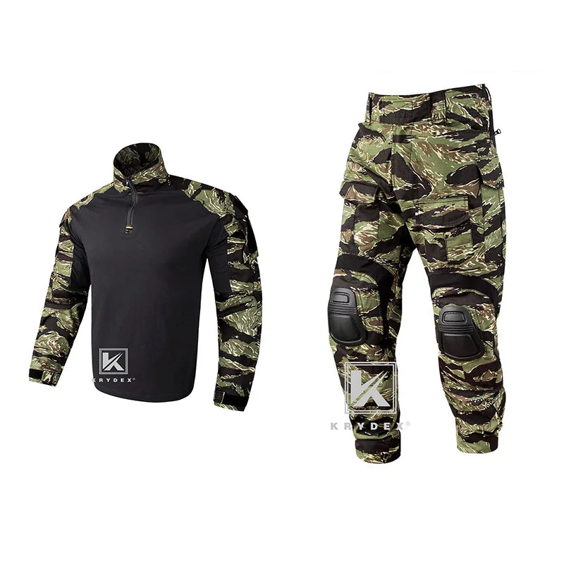 KRYDEX Camouflage Combat Uniform Clothing Hunting Hiking Tactical Shirt & Pants Suit Kit Tiger Stripe Camo
