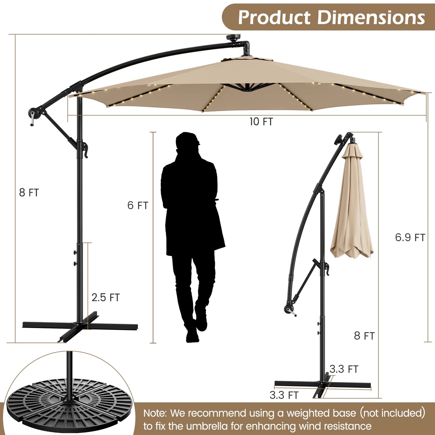 10FT Patio Solar-Lighted 112 LED Cantilever Offset Umbrella Crank Tilt Outdoor