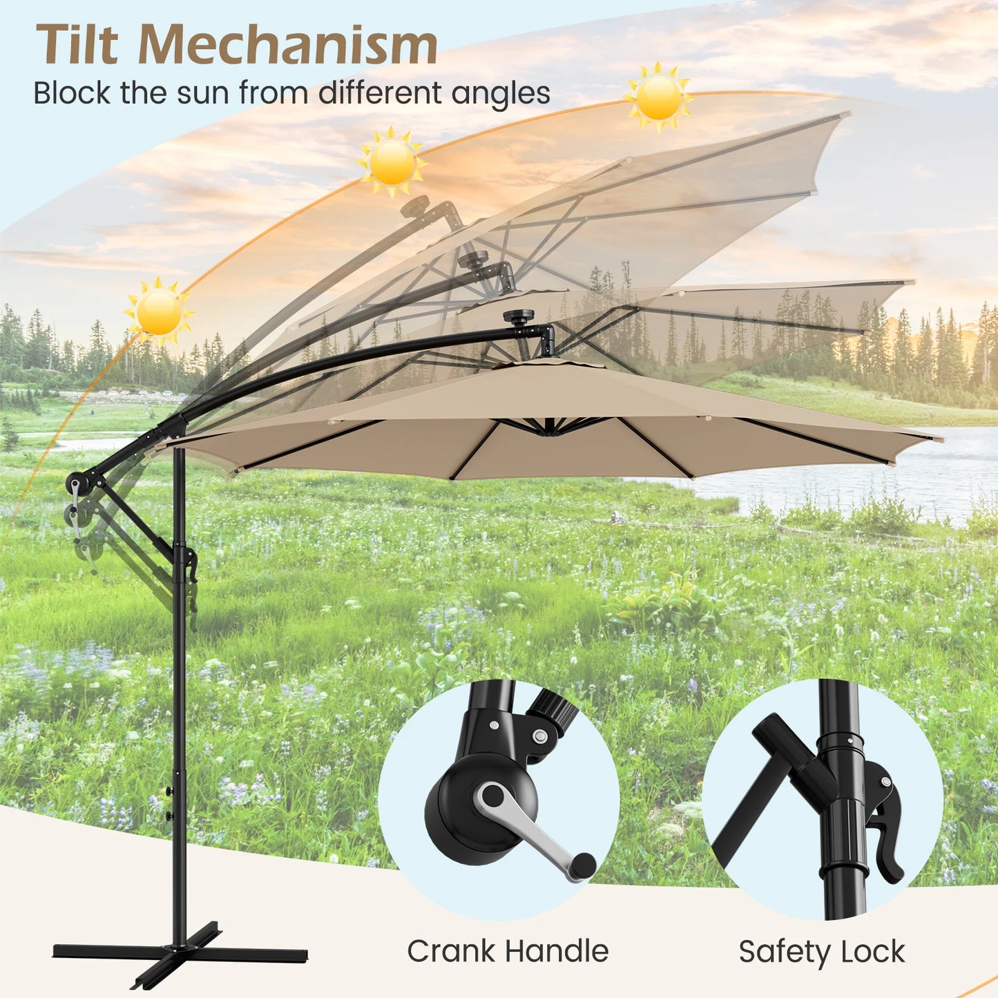 10FT Patio Solar-Lighted 112 LED Cantilever Offset Umbrella Crank Tilt Outdoor