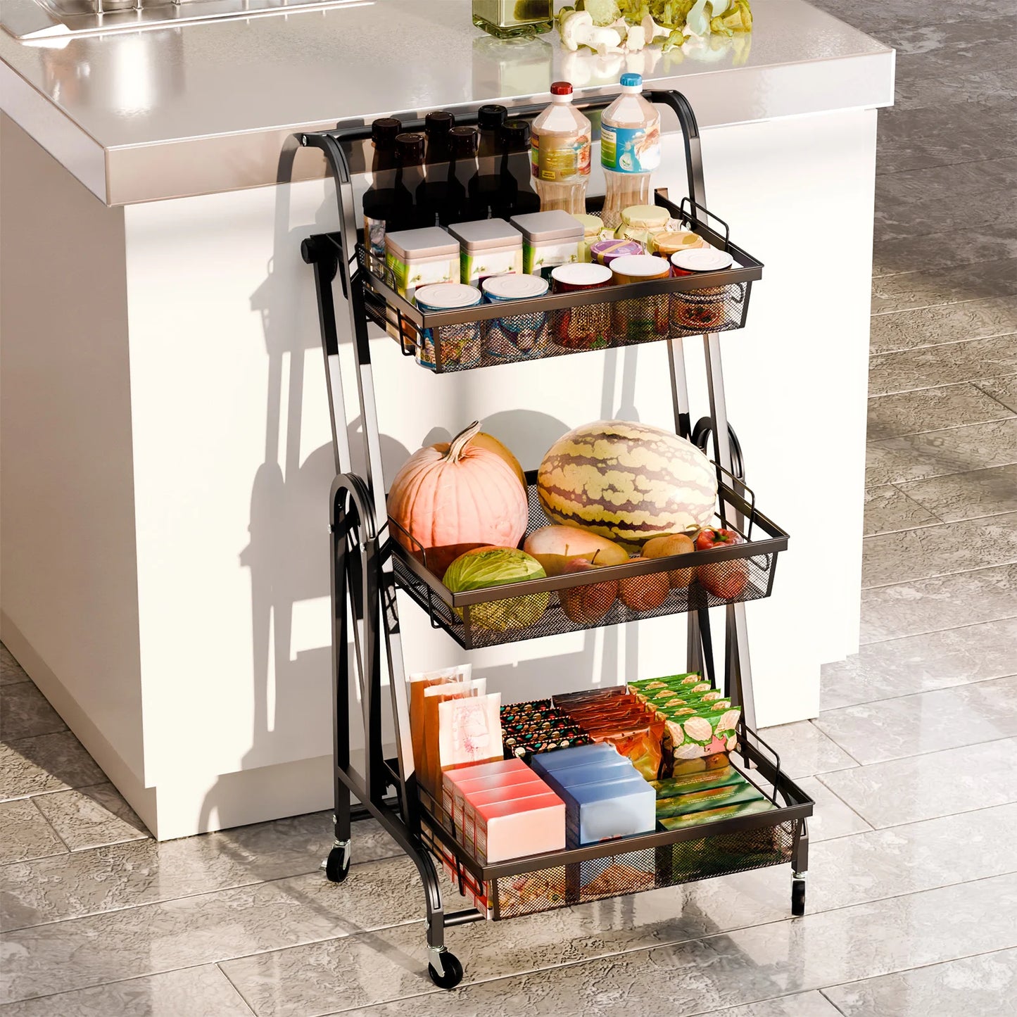 3-Tier Foldable Metal Kitchen Trolley Shelf on Wheels