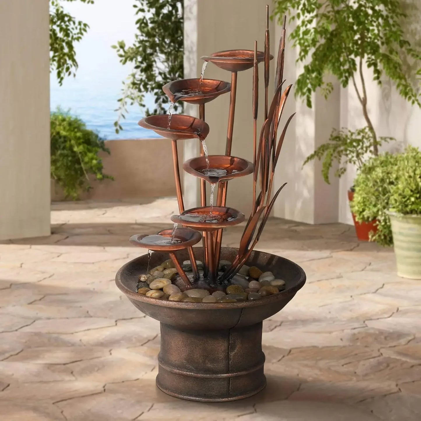 Ashton Curved Leaves Modern Outdoor Floor Water Fountain High Cascading Decor for Garden Patio Backyard Deck Home Lawn