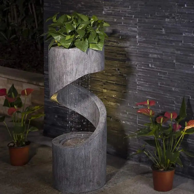 High-rise Outdoor Fountain with LED Lights, Curved Waterfall Fountain, Artificial Terrazzo Spiral Fountain, 31.25 Inch