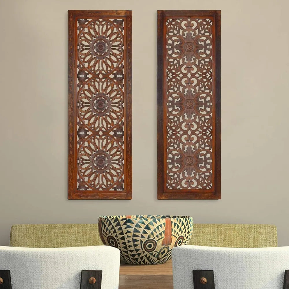 2 Piece Mango Wood Wall Panel Set with Mendallion Carving, Rectangle, Burnt Brown