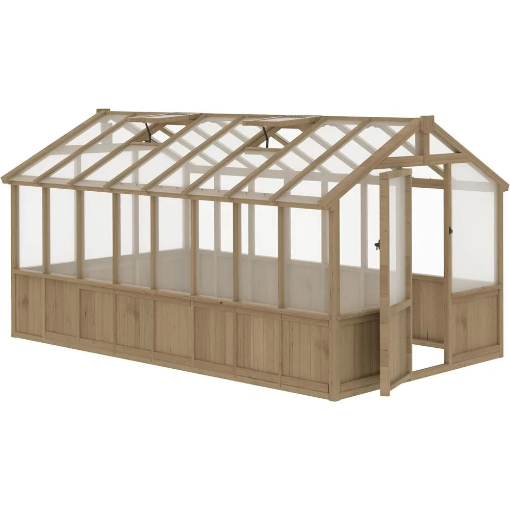 Greenhouse , Polycarbonate Wooden Walk-in Green House with Lockable Door and Adjustable Roof Vent, Backyard Garden,  Greenhouse