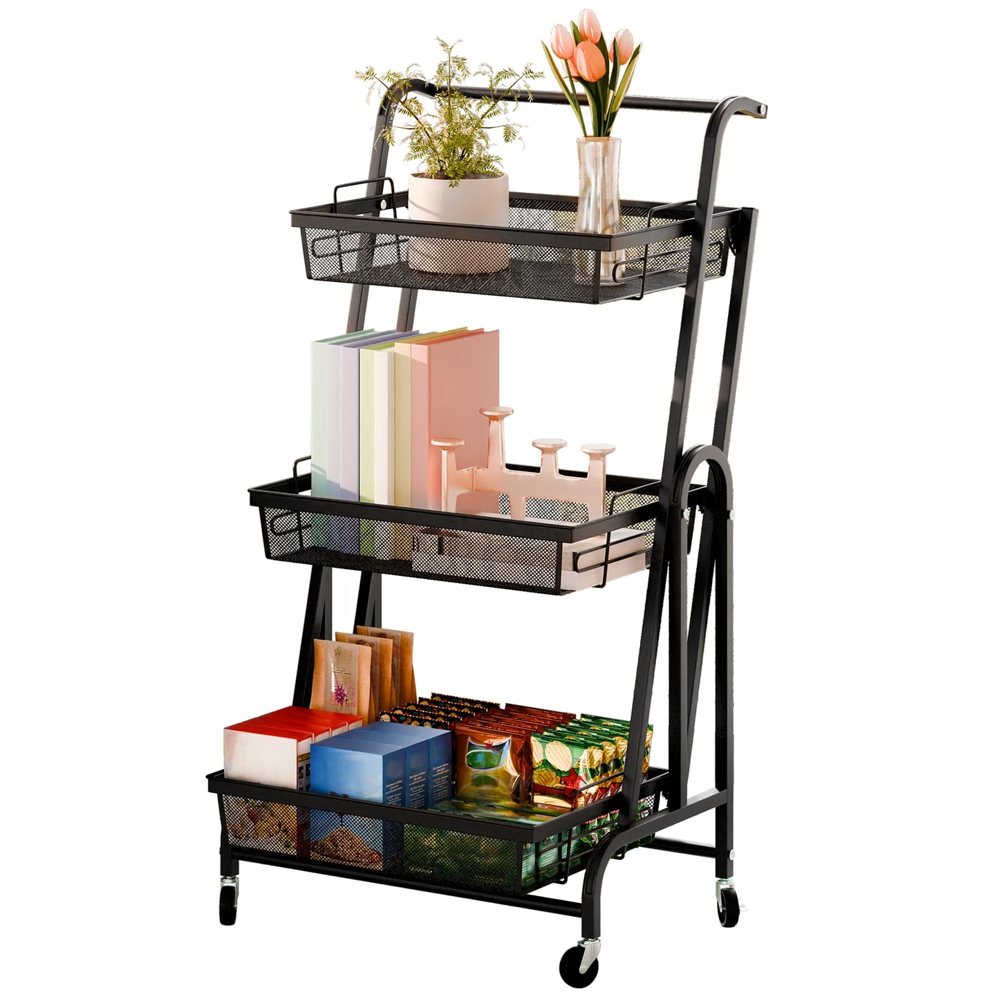 3-Tier Foldable Metal Kitchen Trolley Shelf on Wheels