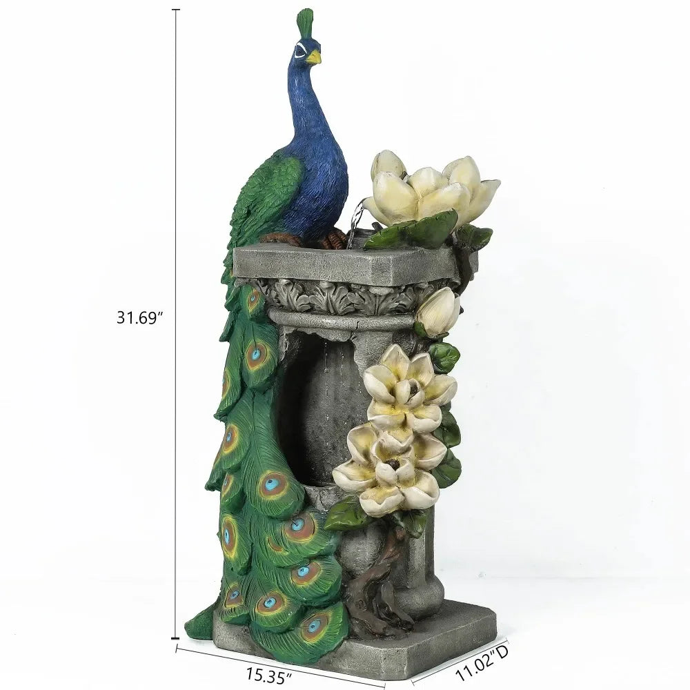 32" Peacock and Flower Polyresin Colorful Water Fountain