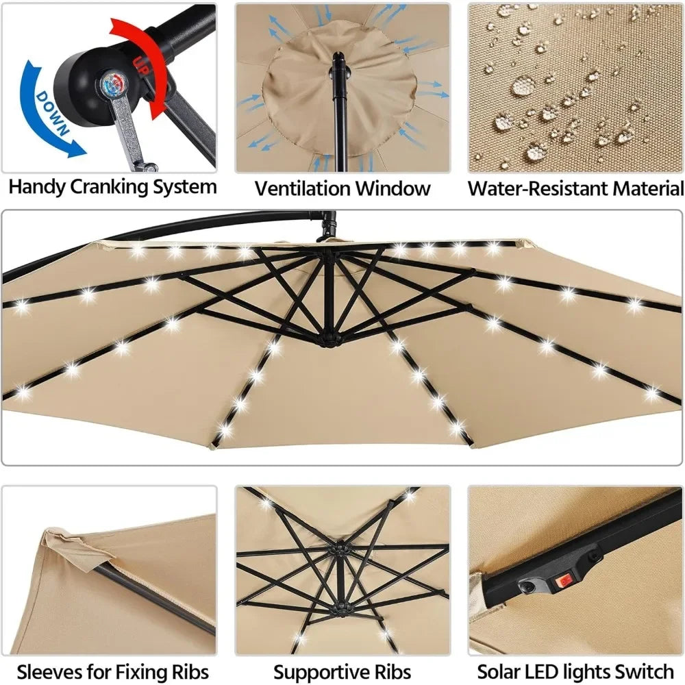 Solar Offset Umbrella with 10FT 32 LED Lights Cantilever