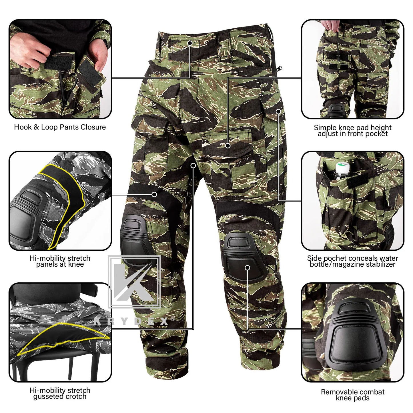 KRYDEX Camouflage Combat Uniform Clothing Hunting Hiking Tactical Shirt & Pants Suit Kit Tiger Stripe Camo