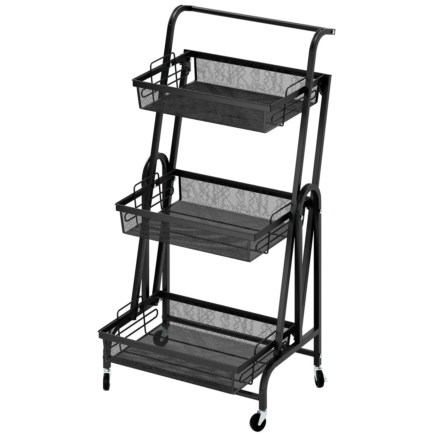 3-Tier Foldable Metal Kitchen Trolley Shelf on Wheels