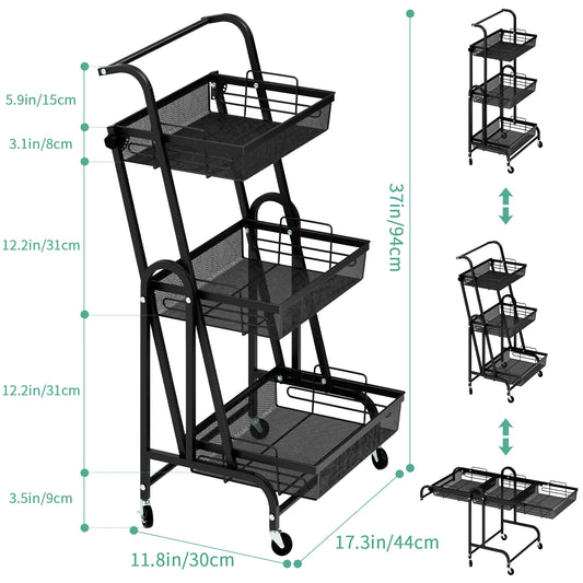 3-Tier Foldable Metal Kitchen Trolley Shelf on Wheels