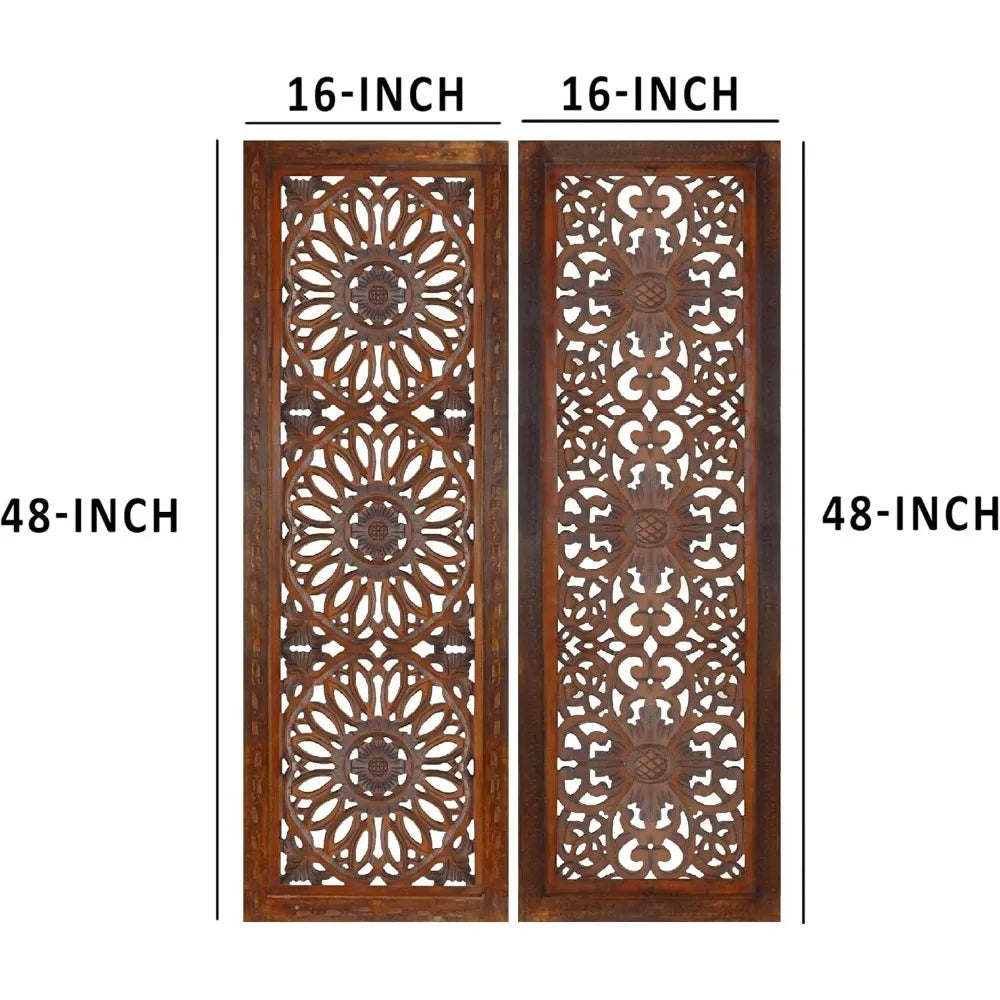 2 Piece Mango Wood Wall Panel Set with Mendallion Carving, Rectangle, Burnt Brown