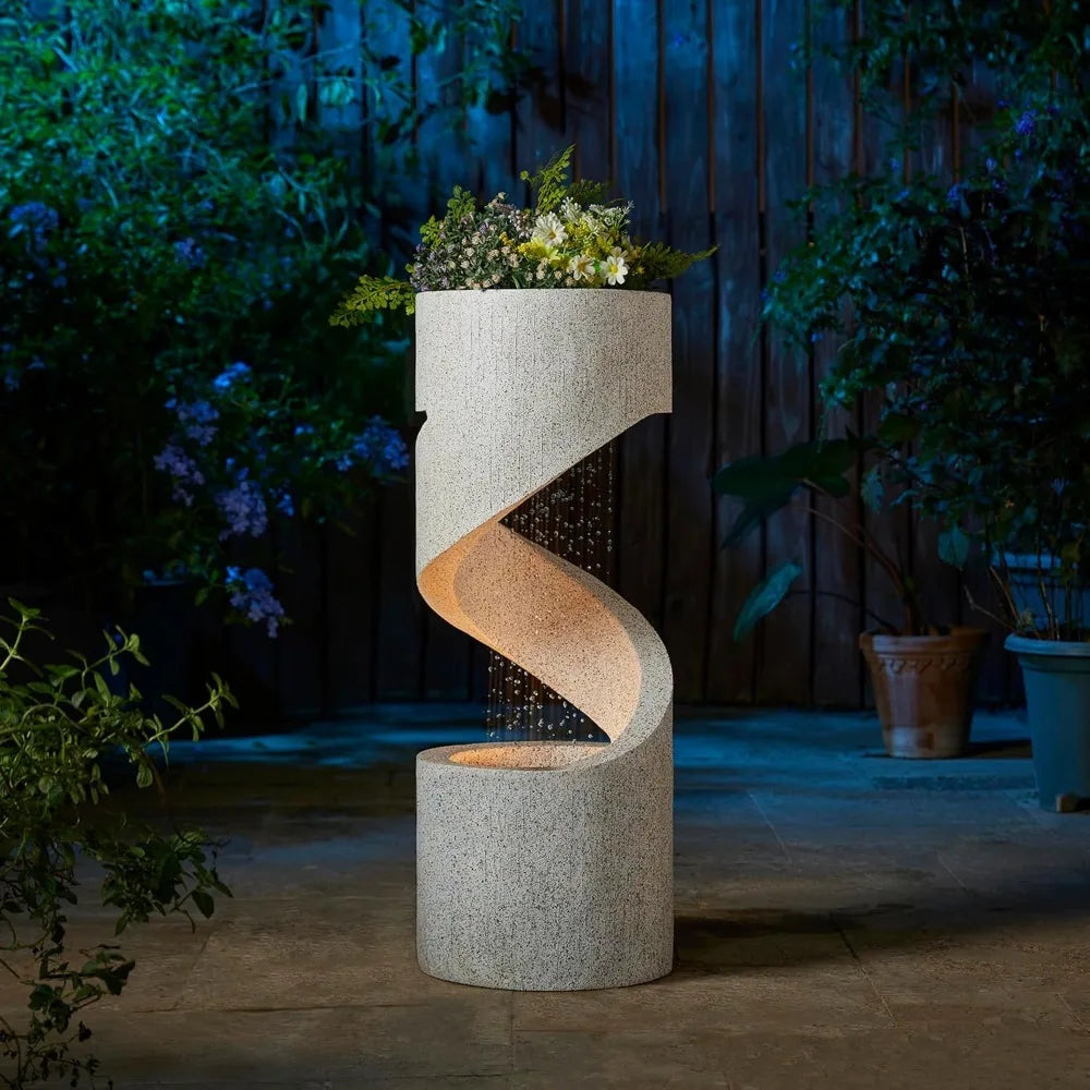 High-rise Outdoor Fountain with LED Lights, Curved Waterfall Fountain, Artificial Terrazzo Spiral Fountain, 31.25 Inch