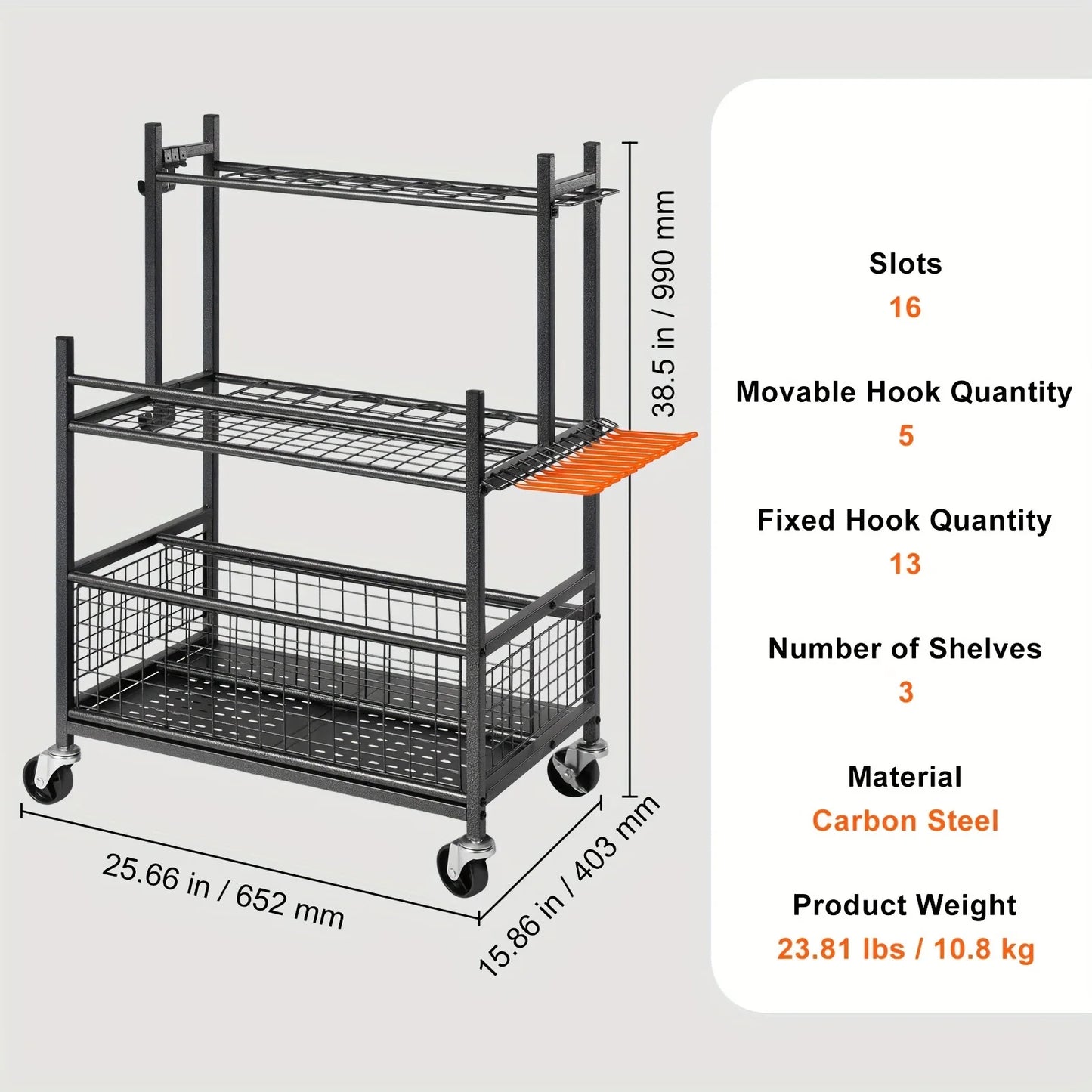 Garden Tool Organizer, 16 Slots With Hooks