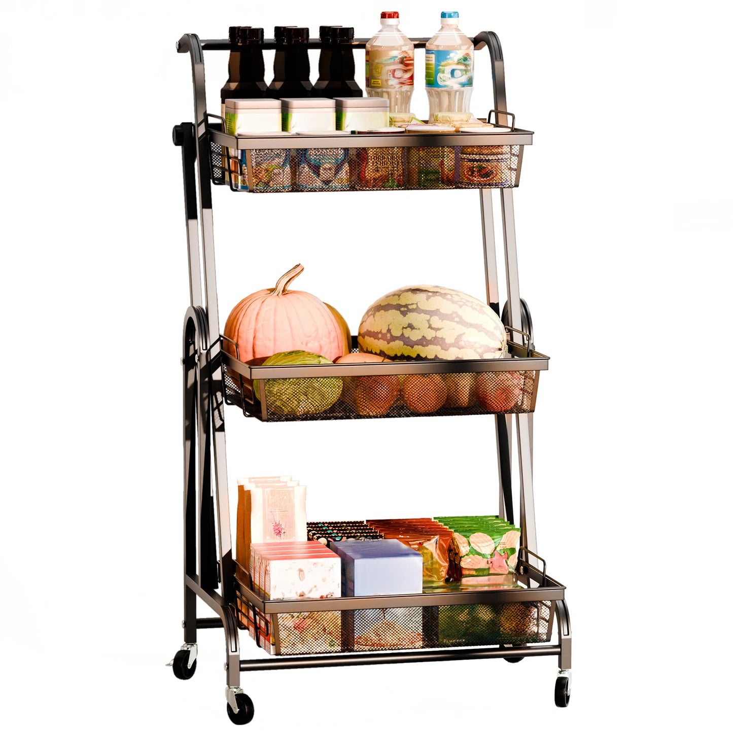 3-Tier Foldable Metal Kitchen Trolley Shelf on Wheels