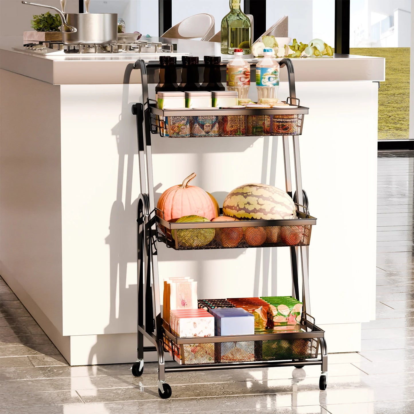 3-Tier Foldable Metal Kitchen Trolley Shelf on Wheels