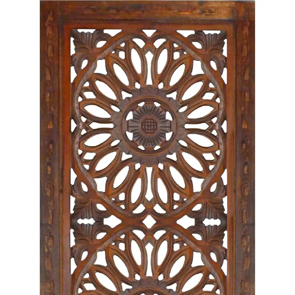 2 Piece Mango Wood Wall Panel Set with Mendallion Carving, Rectangle, Burnt Brown