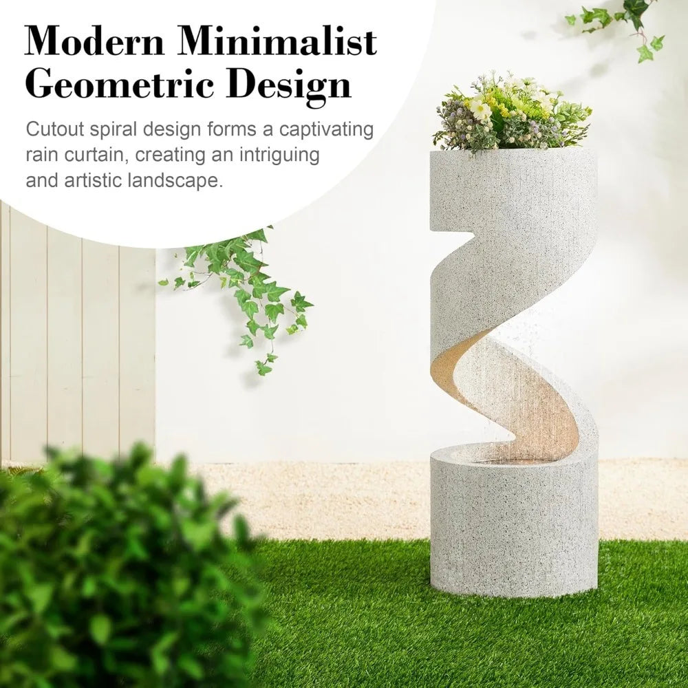 High-rise Outdoor Fountain with LED Lights, Curved Waterfall Fountain, Artificial Terrazzo Spiral Fountain, 31.25 Inch