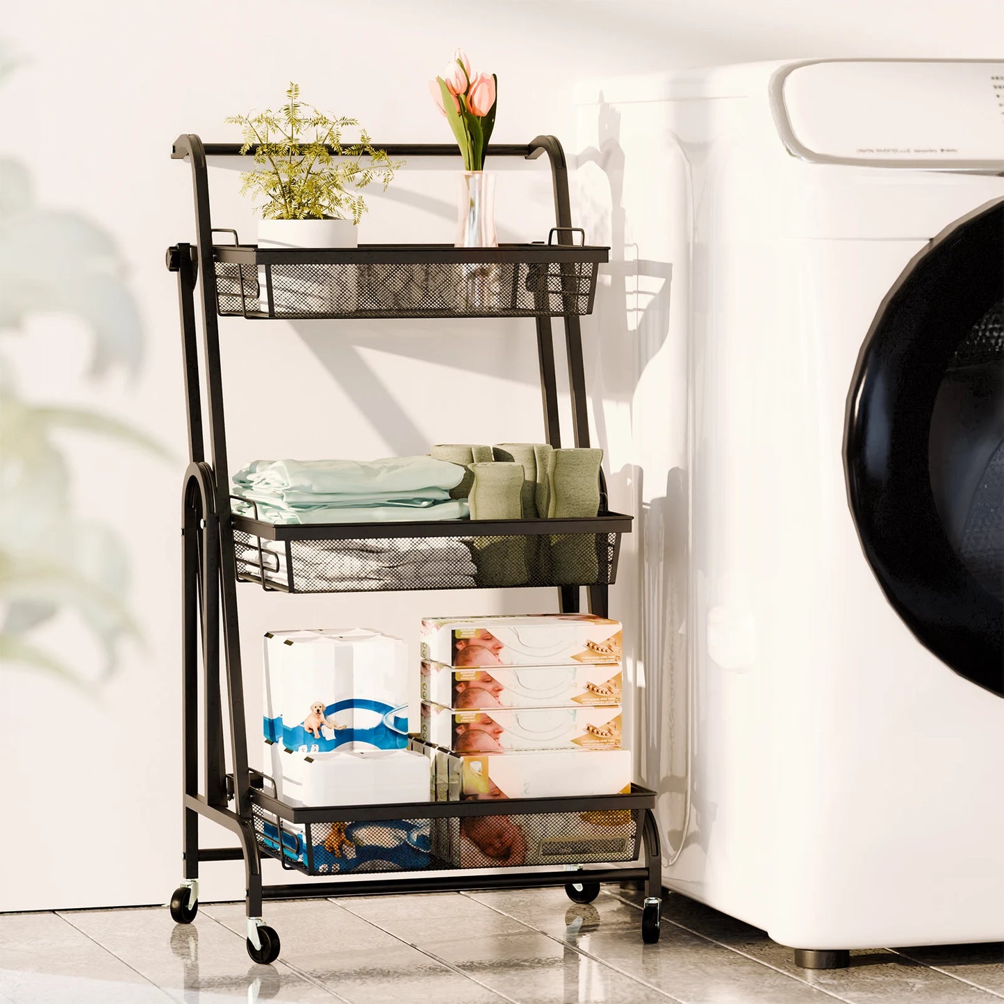 3-Tier Foldable Metal Kitchen Trolley Shelf on Wheels