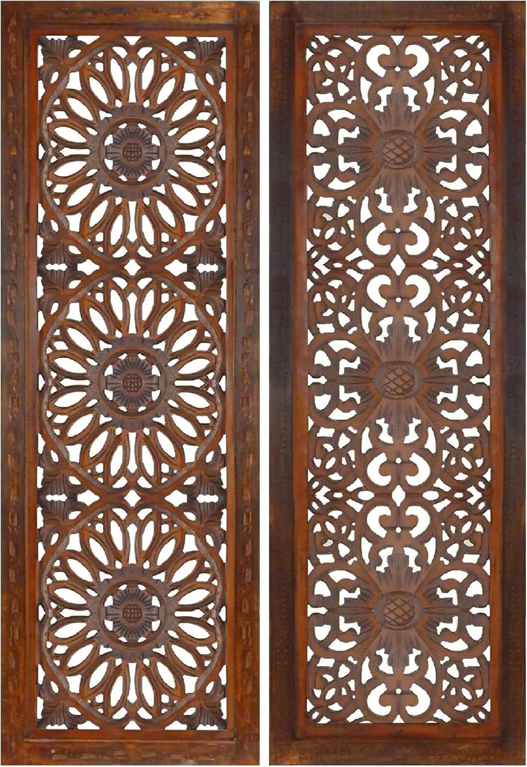 2 Piece Mango Wood Wall Panel Set with Mendallion Carving, Rectangle, Burnt Brown